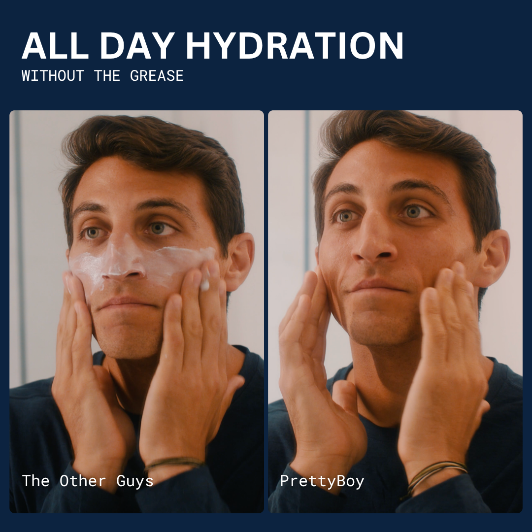Side by side photos of the same man: thick white cream smeared across his face labeled The Other Guys, and clean skin with no visible product labeled PrettyBoy.